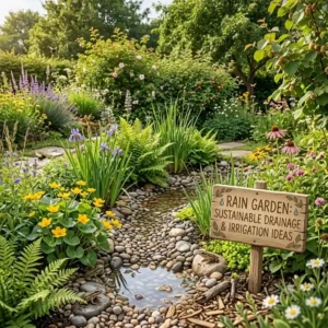 A functional rain garden for sustainable water management, offering practical naturnahe gartengestaltung ideen for eco-conscious gardeners.