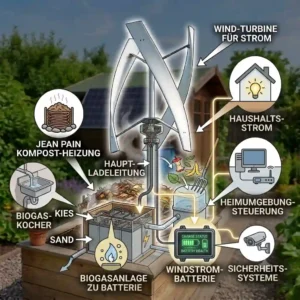 A technical vector graphic demonstrating an outdoor-rated battery bank setup to store generated electricity in an energieautarker garten möglichkeiten.