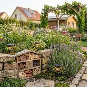 Insektenfreundliche, nach unten gerichtete Solar-Gartenbeleuchtung auf einer funktionalen Terrassenfläche.