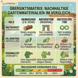 A summary graphic for a nachhaltige gartenmaterialien vergleich based on durability, CO2 footprint, and regional sourcing.
