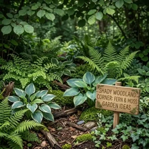 A lush, shaded woodland corner with ferns and moss