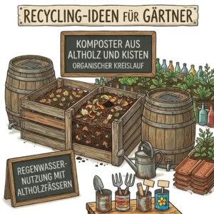 A rustic rainwater harvesting system utilizing reclaimed wooden barrels connected to a gutter downspout, featuring ecological recycling ideen für gartenbau.
